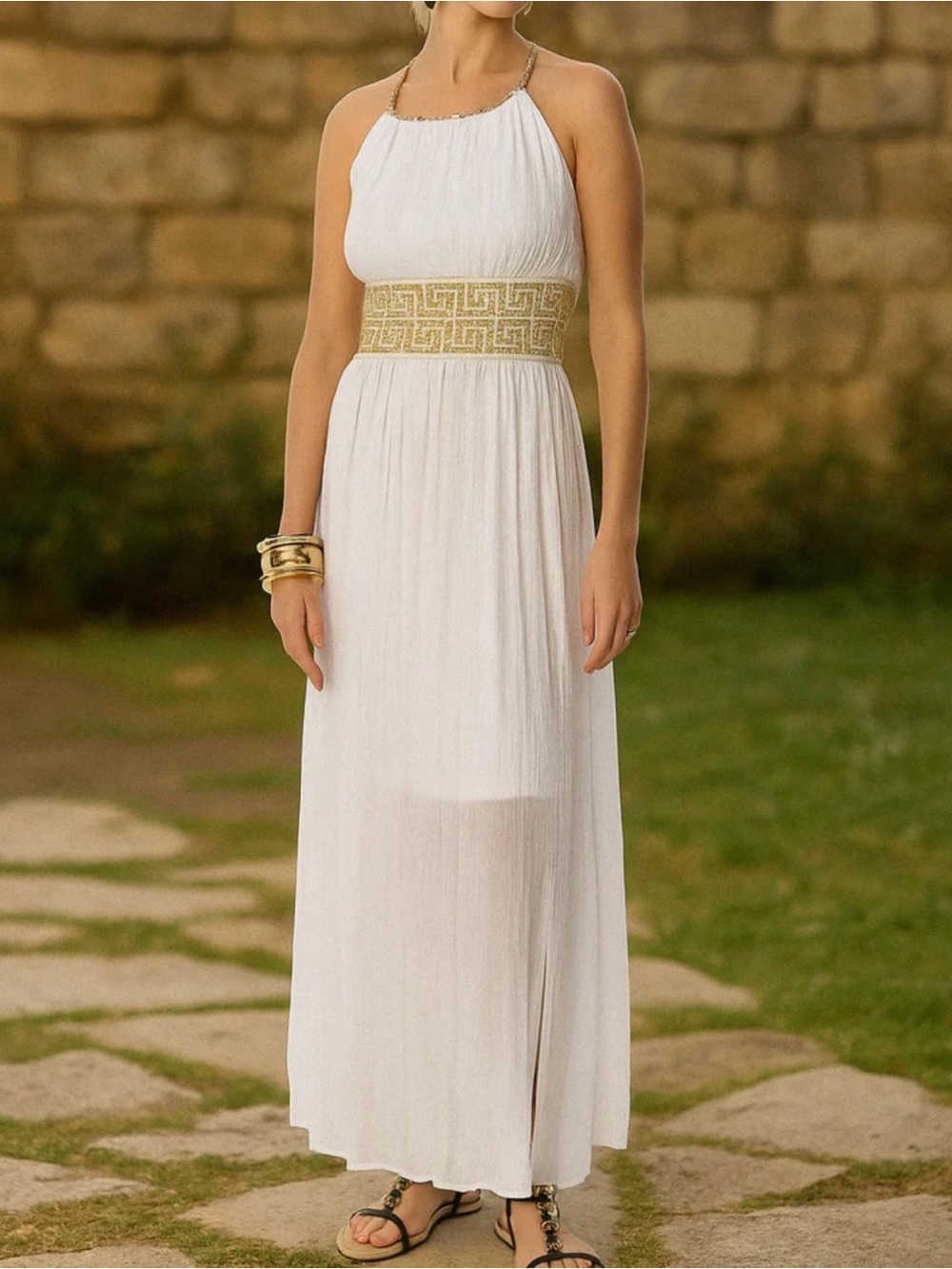 Greek inspired Maxi Dress with Gold Trim